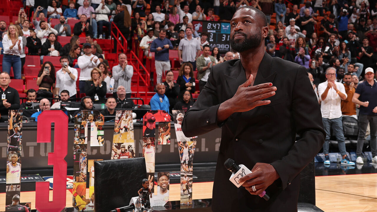MIAMI, FL - JANUARY 14: NBA legend Dwyane Wade looks on during halftime between the Charlotte Hornets and the Miami Heat on January 14, 2024 at Kaseya Center in Miami, Florida. Mandatory Copyright Notice: Copyright 2024 NBAE