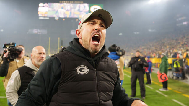 GREEN BAY, WI - JANUARY 7: Head Coach Matt Lafleur of the Green Bay Packers celebrates as he leaves the field following an NFL football game against the Chicago Bears at Lambeau Field on January 7, 2024 in Green Bay, Wisconsin. The Packers beat the Bears 17-9.