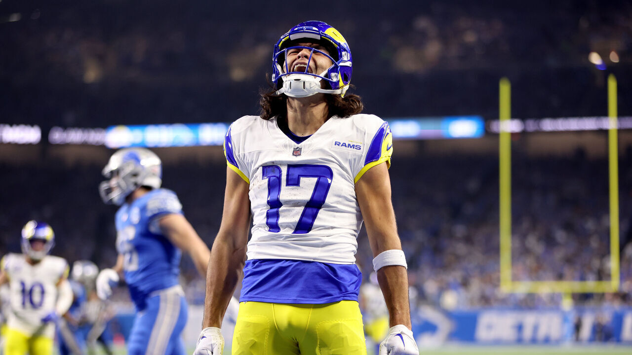 DETROIT, MICHIGAN - JANUARY 14: Puka Nacua #17 of the Los Angeles Rams celebrates after scoring a touchdown during the second quarter against the Detroit Lions in the NFC Wild Card Playoffs at Ford Field on January 14, 2024 in Detroit, Michigan.