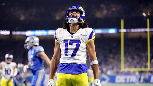 DETROIT, MICHIGAN - JANUARY 14: Puka Nacua #17 of the Los Angeles Rams celebrates after scoring a touchdown during the second quarter against the Detroit Lions in the NFC Wild Card Playoffs at Ford Field on January 14, 2024 in Detroit, Michigan.