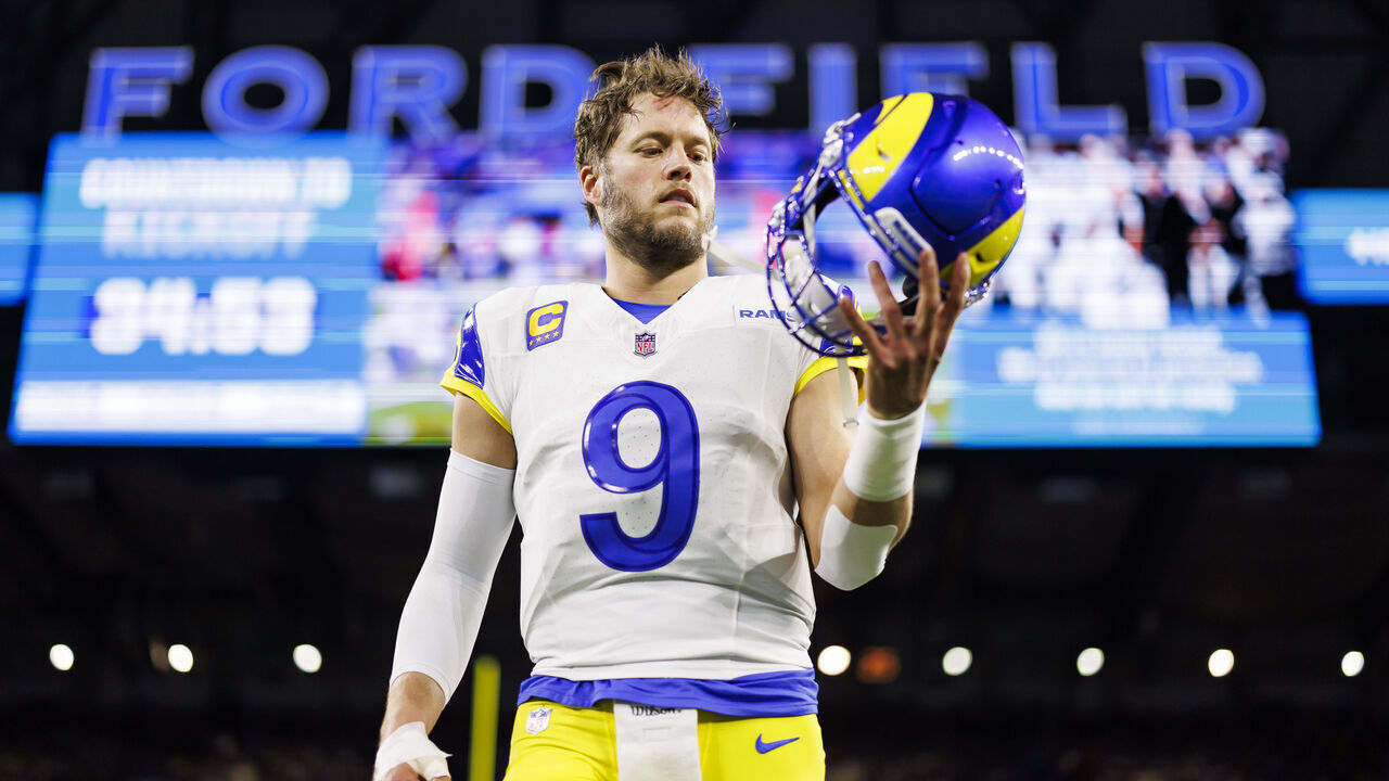 DETROIT, MICHIGAN - JANUARY 14: Matthew Stafford #9 of the Los Angeles Rams looks on during warmups prior to an NFL wild-card playoff football game against the Detroit Lions at Ford Field on January 14, 2024 in Detroit, Michigan.
