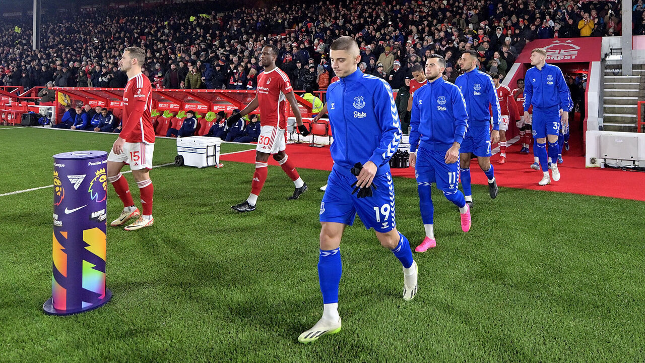 NOTTINGHAM, ENGLAND - DECEMBER 02: Vitalii Mykolenko of Everton walks out for the Premier League match between Nottingham Forest and Everton FC at City Ground on December 02, 2023 in Nottingham, England.