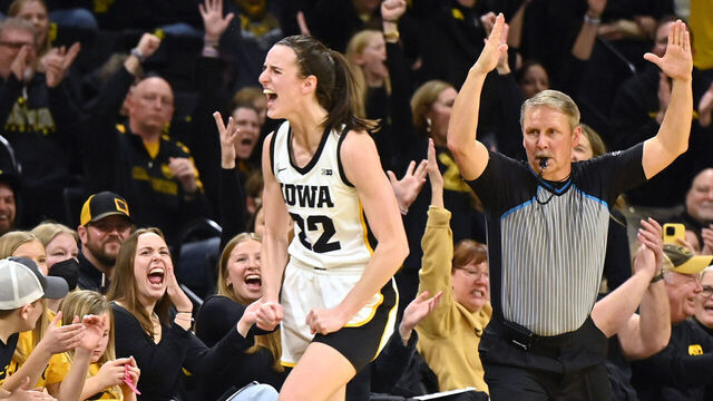 IOWA CITY, IA - JANUARY 13: Iowa guard Caitlin Clark (22) reacts after hitting a three-point shot during a college women's basketball game between the Indiana Hoosiers and the Iowa Hawkeyes on January 13, 2024, at Carver-Hawkeye Arena in Iowa City, IA.