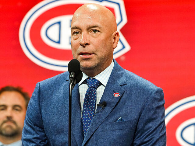 MONTREAL, QC - JULY 07: Montreal Canadiens general manager Kent Hughes addresses the crowd during the first round of the 2022 NHL Entry Draft on July 07, 2022 at Bell Centre in Montreal, QC