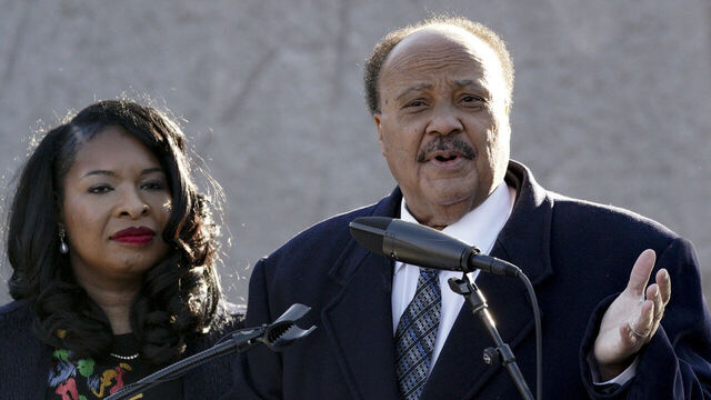 WASHINGTON, DC - JANUARY 16: Martin Luther King, III with his wife Arndrea Waters King, speaks during an event to honor his father at the Martin Luther King, Jr. Memorial on January 16, 2023 in Washington, District of Columbia.