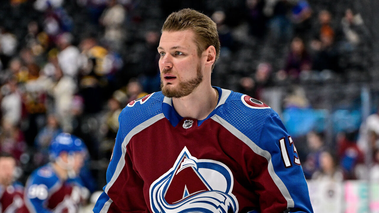 DENVER, CO - JANUARY 8: Colorado Avalanche right wing Valeri Nichushkin (13) warms up before a game between the Boston Bruins and the Colorado Avalanche at Ball Arena in Denver, Colorado on January 8, 2024.