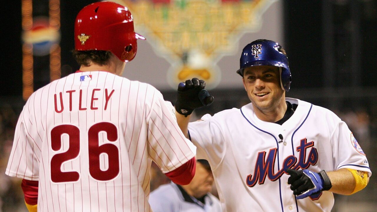 PITTSBURGH - JULY 11: National League All-Star David Wright #5 of the New York Mets is greeted by Chase Utley #26 of the Philadelphia Phillies after Wright hit a solo home run against the American League ALl-Star during the 77th MLB All-Star Game at PNC Park on July 11, 2006 in Pittsburgh, Pennsylvania.