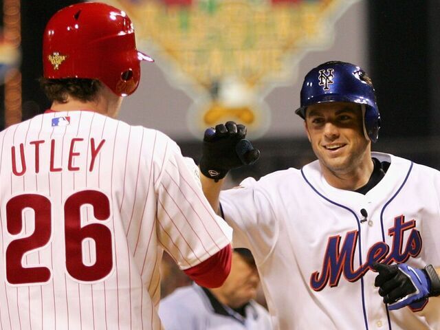 PITTSBURGH - JULY 11: National League All-Star David Wright #5 of the New York Mets is greeted by Chase Utley #26 of the Philadelphia Phillies after Wright hit a solo home run against the American League ALl-Star during the 77th MLB All-Star Game at PNC Park on July 11, 2006 in Pittsburgh, Pennsylvania.