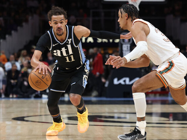 ATLANTA, GA - JANUARY 15: Trae Young #11 of the Atlanta Hawks handles the ball during the game against the San Antonio Spurs on January 15, 2024 at State Farm Arena in Atlanta, Georgia. NOTE TO USER: User expressly acknowledges and agrees that, by downloading and/or using this Photograph, user is consenting to the terms and conditions of the Getty Images License Agreement. Mandatory Copyright Notice: Copyright 2024 NBAE