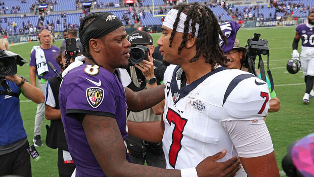 BALTIMORE, MARYLAND - SEPTEMBER 10: Lamar Jackson #8 of the Baltimore Ravens and C.J. Stroud #7 of the Houston Texans meet on the field after the Ravens 25-9 win at M&T Bank Stadium on September 10, 2023 in Baltimore, Maryland.