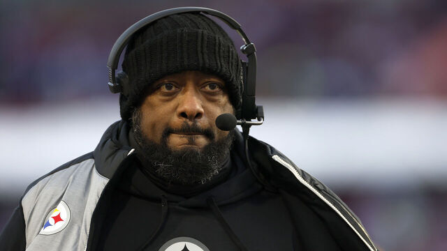 ORCHARD PARK, NEW YORK - JANUARY 15: Head coach Mike Tomlin of the Pittsburgh Steelers looks on during the first quarter against the Buffalo Bills at Highmark Stadium on January 15, 2024 in Orchard Park, New York.