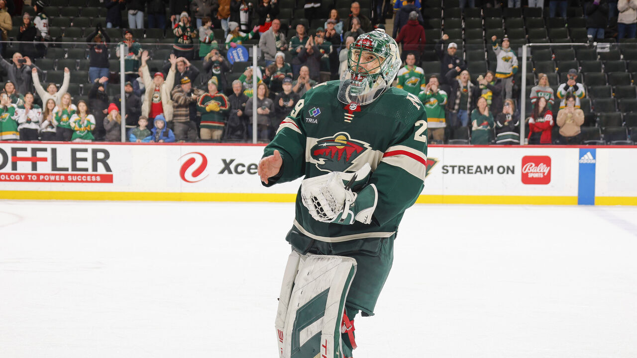 SAINT PAUL, MN - JANUARY 15: Marc-Andre Fleury #29 of the Minnesota Wild celebrates after winning his 552nd NHL game and becoming 2nd in all time wins after defeating the New York Islanders at the Xcel Energy Center on January 15, 2024 in Saint Paul, Minnesota.
