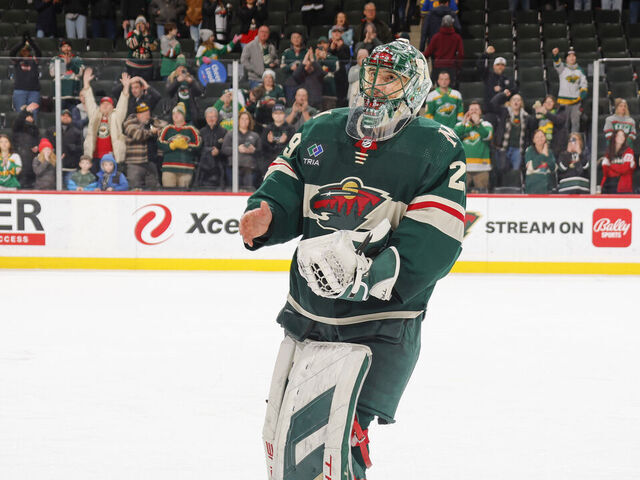 SAINT PAUL, MN - JANUARY 15: Marc-Andre Fleury #29 of the Minnesota Wild celebrates after winning his 552nd NHL game and becoming 2nd in all time wins after defeating the New York Islanders at the Xcel Energy Center on January 15, 2024 in Saint Paul, Minnesota.