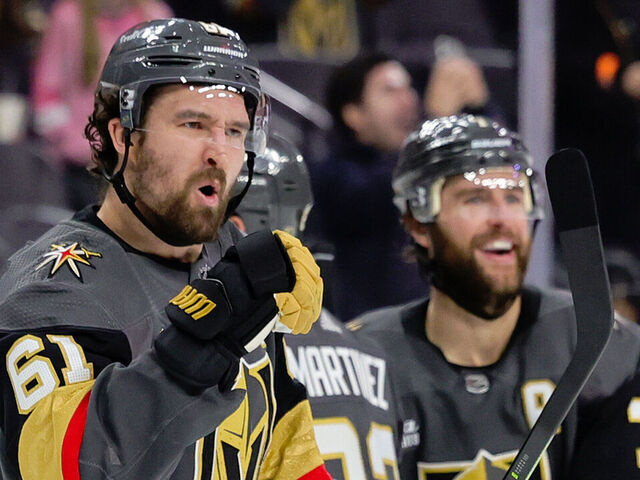 LAS VEGAS, NEVADA - JANUARY 15: Mark Stone #61 of the Vegas Golden Knights celebrates the first of two second-period goals against the Nashville Predators during their game at T-Mobile Arena on January 15, 2024 in Las Vegas, Nevada.