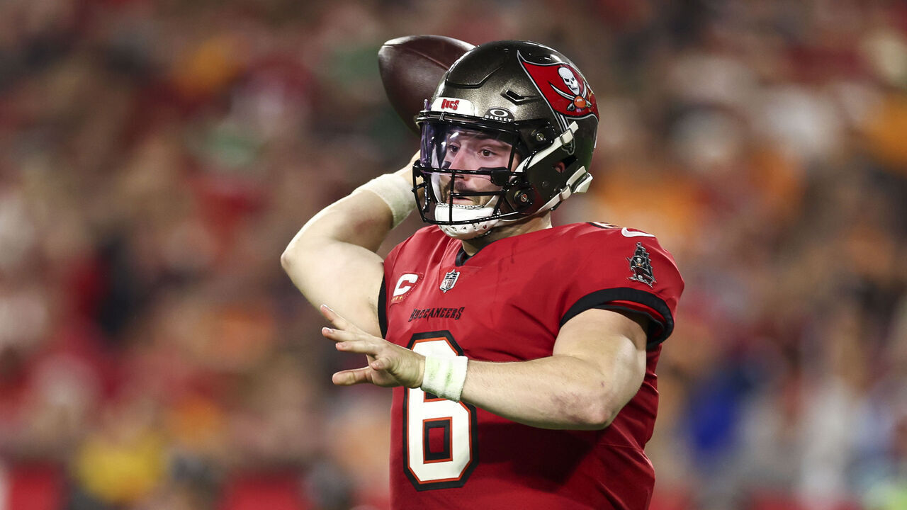 TAMPA, FL - JANUARY 15: Baker Mayfield #6 of the Tampa Bay Buccaneers throws a pass during the second quarter of an NFL wild-card playoff football game against the Philadelphia Eagles at Raymond James Stadium on January 15, 2024 in Tampa, Florida.