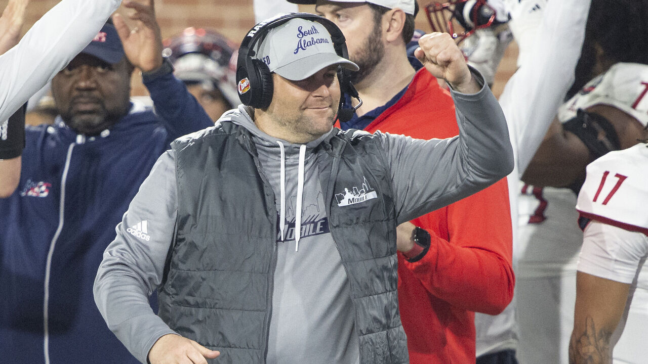 MOBILE, ALABAMA - DECEMBER 23: Head coach Kane Wommack of the South Alabama Jaguars during their game against the Eastern Michigan Eagles in the 68 Ventures Bowl at Hancock Whitney Stadium on December 23, 2023 in Mobile, Alabama.
