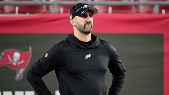 TAMPA, FLORIDA - JANUARY 15: Head coach Nick Sirianni of the Philadelphia Eagles looks on prior to the NFC Wild Card Playoffs against the Tampa Bay Buccaneers at Raymond James Stadium on January 15, 2024 in Tampa, Florida.