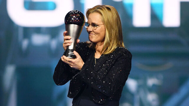 LONDON, ENGLAND - JANUARY 15: FIFA Women's Coach of the Year, Sarina Wiegman, poses with her trophy during the The Best FIFA Football Awards 2023 at The Apollo Theatre on January 15, 2024 in London, England.