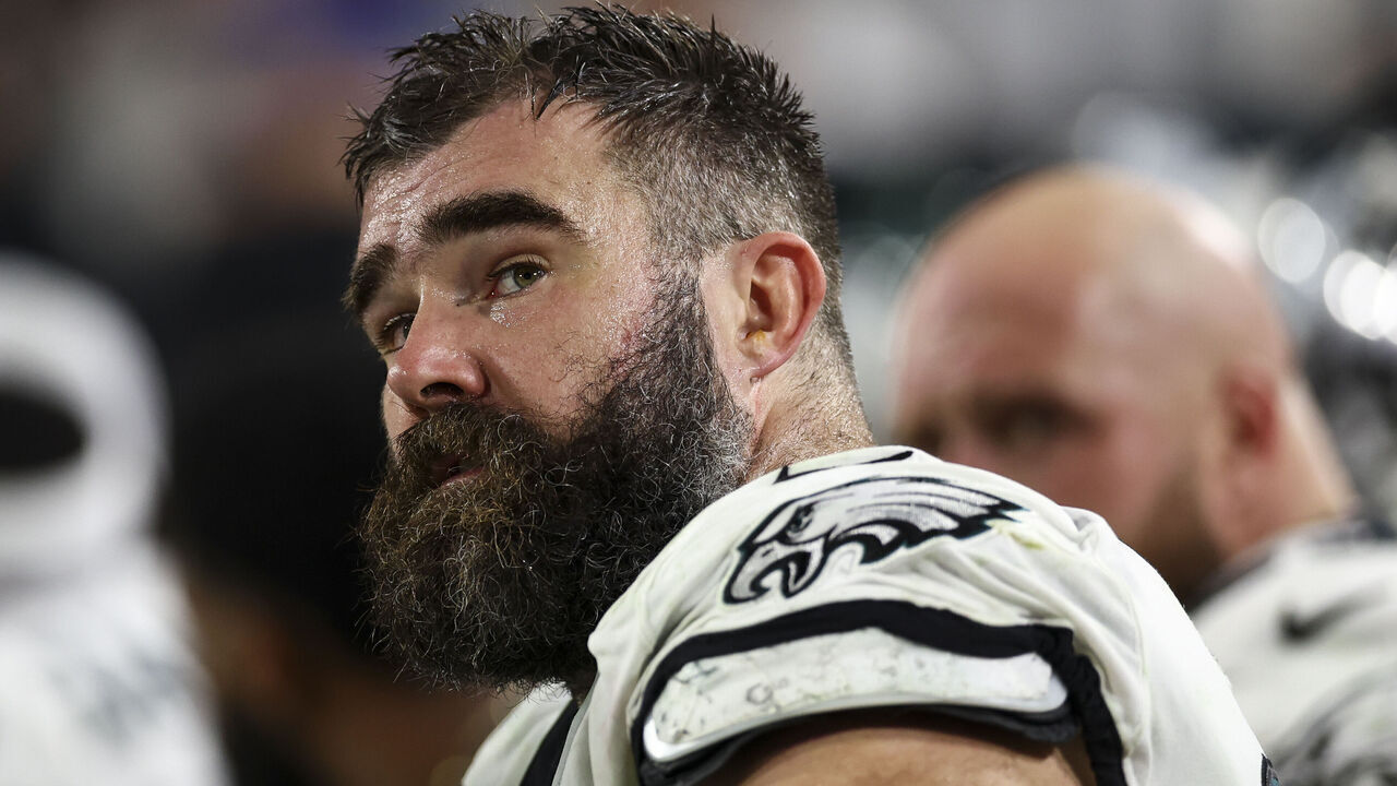 TAMPA, FL - JANUARY 15: Jason Kelce #62 of the Philadelphia Eagles looks on from the bench during the fourth quarter of an NFL wild-card playoff football game against the Tampa Bay Buccaneers at Raymond James Stadium on January 15, 2024 in Tampa, Florida.