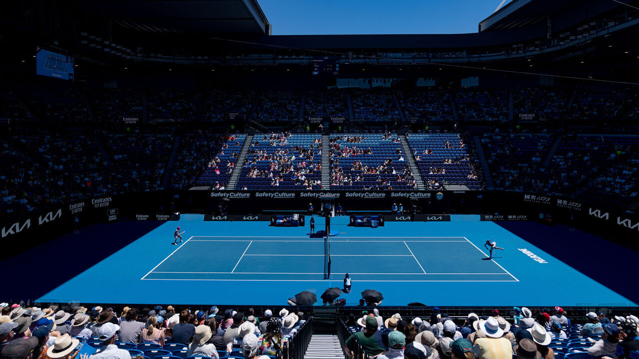 MELBOURNE, AUSTRALIA - JANUARY 16: A general view of Rod Laver Arena in their round one singles match between Iga Swiatek of Poland and Sofia Kenin of the United States during day three of the 2024 Australian Open at Melbourne Park on January 16, 2024 in Melbourne, Australia.