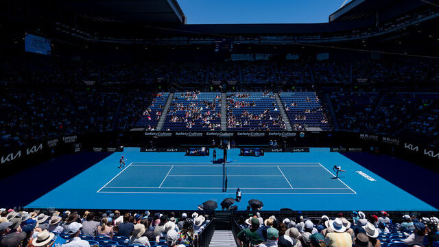 MELBOURNE, AUSTRALIA - JANUARY 16: A general view of Rod Laver Arena in their round one singles match between Iga Swiatek of Poland and Sofia Kenin of the United States during day three of the 2024 Australian Open at Melbourne Park on January 16, 2024 in Melbourne, Australia.