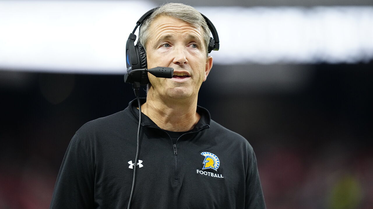 LAS VEGAS, NEVADA - NOVEMBER 25: Head coach Brent Brennan of the San Jose State Spartans looks on in the first half of a game against the UNLV Rebels at Allegiant Stadium on November 25, 2023 in Las Vegas, Nevada.