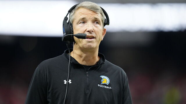 LAS VEGAS, NEVADA - NOVEMBER 25: Head coach Brent Brennan of the San Jose State Spartans looks on in the first half of a game against the UNLV Rebels at Allegiant Stadium on November 25, 2023 in Las Vegas, Nevada.