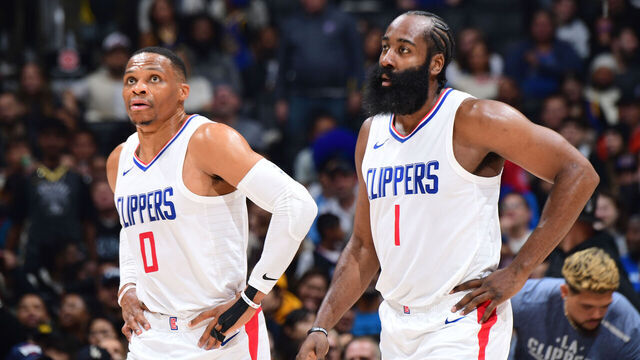 LOS ANGELES, CA - DECEMBER 14: Russell Westbrook #0 of the LA Clippers & James Harden #1 of the LA Clippers looks on during the game on December 14, 2023 at Crypto.Com Arena in Los Angeles, California. NOTE TO USER: User expressly acknowledges and agrees that, by downloading and/or using this Photograph, user is consenting to the terms and conditions of the Getty Images License Agreement. Mandatory Copyright Notice: Copyright 2023 NBAE