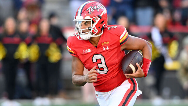 COLLEGE PARK, MARYLAND - NOVEMBER 18: Taulia Tagovailoa #3 of the Maryland Terrapins runs with the ball against the Michigan Wolverines at SECU Stadium on November 18, 2023 in College Park, Maryland.