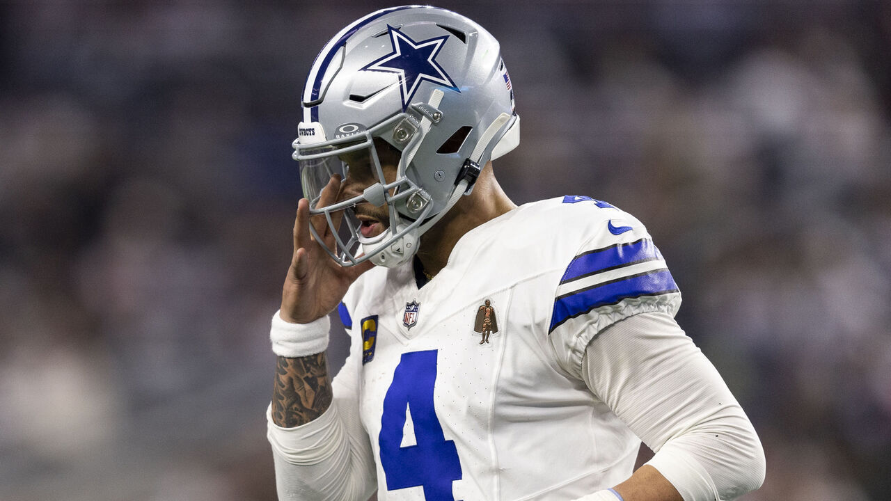 ARLINGTON, TEXAS - JANUARY 14: Dak Prescott #4 of the Dallas Cowboys reacts during an NFL wild-card playoff football game between the Dallas Cowboys and the Green Bay Packers at AT&T Stadium on January 14, 2024 in Arlington, Texas.