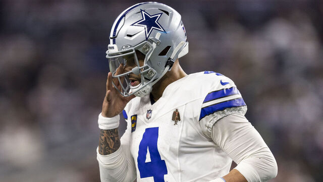 ARLINGTON, TEXAS - JANUARY 14: Dak Prescott #4 of the Dallas Cowboys reacts during an NFL wild-card playoff football game between the Dallas Cowboys and the Green Bay Packers at AT&T Stadium on January 14, 2024 in Arlington, Texas.