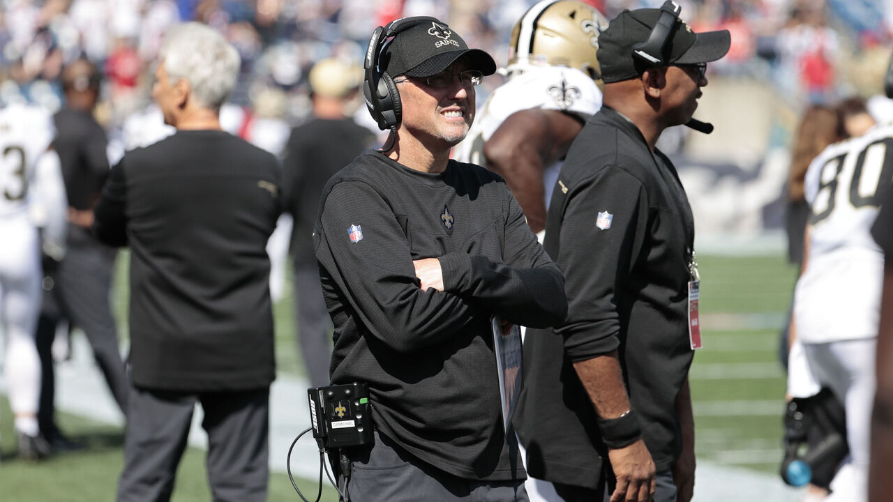 FOXBOROUGH, MA - SEPTEMBER 26: New Orleans Saints offensive coordinator Pete Carmichael during a game between the New England Patriots and the New Orleans Saints on September 26, 2021 at Gillette Stadium in Foxborough, Massachusetts.