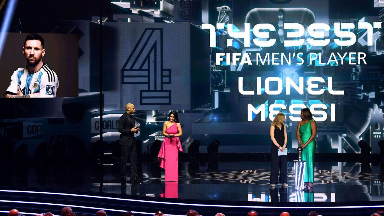 LONDON, ENGLAND - JANUARY 15: Lionel Messi is announced as the winner of the FIFA Best Men's Award during the The Best FIFA Football Awards 2023 at The Apollo Theatre on January 15, 2024 in London, England.