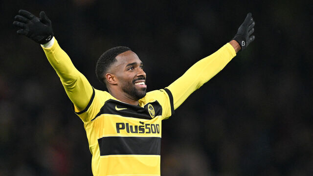 Young Boys' Swiss defender #21 Ulisses Garcia reacts at the end of the UEFA Champions League Group B football match between Young Boys and FC Crvena Zvezda (Red Star Belgrade) at the Wankdorf Stadium in Bern, on November 28, 2023.