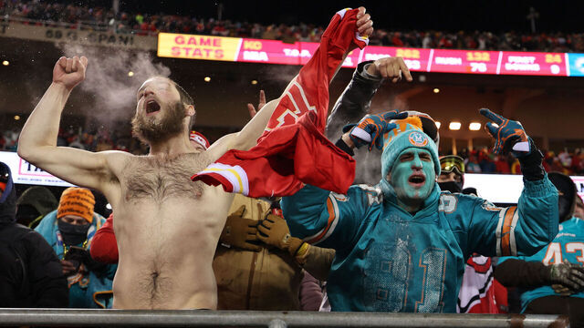 KANSAS CITY, MISSOURI - JANUARY 13: Fans cheer during the AFC Wild Card Playoffs between the Miami Dolphins and the Kansas City Chiefs at GEHA Field at Arrowhead Stadium on January 13, 2024 in Kansas City, Missouri.