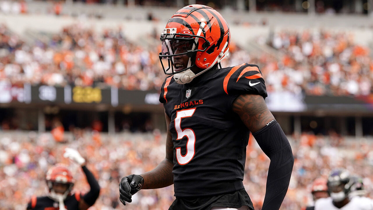 CINCINNATI, OHIO - SEPTEMBER 17: Tee Higgins #5 of the Cincinnati Bengals celebrates a touchdown during the third quarter in the game against the Baltimore Ravens at Paycor Stadium on September 17, 2023 in Cincinnati, Ohio.