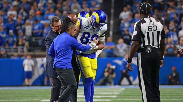 Los Angeles Rams tight end Tyler Higbee (89) is taken off the field after an injury during the second half of the NFC Wild Card Playoffs between the Los Angeles Rams and the Detroit Lions in Detroit, Michigan USA, on Sunday, January 14, 2024.
