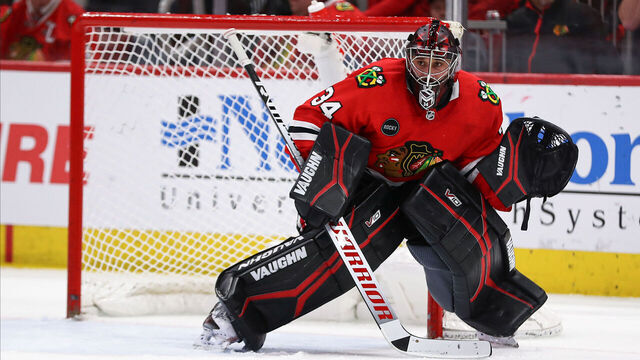 CHICAGO, IL - JANUARY 09: Petr Mrazek #34 of the Chicago Blackhawks tends net during the second period against the Edmonton Oilers at the United Center on January 9, 2024 in Chicago, Illinois.