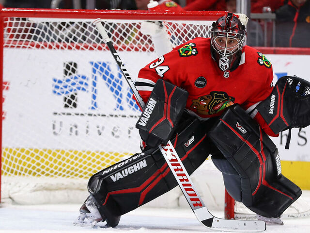 CHICAGO, IL - JANUARY 09: Petr Mrazek #34 of the Chicago Blackhawks tends net during the second period against the Edmonton Oilers at the United Center on January 9, 2024 in Chicago, Illinois.