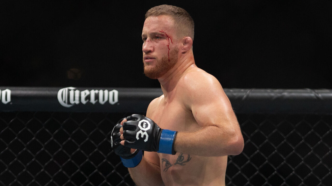 SALT LAKE CITY, UT - JULY 29: Blood runs down Justin Gaethje's face durng his BMF Title Lightweight fight against Dustin Poirier at UFC 291 at the Delta Center July 29, 2023 at the in Salt Lake City, Utah.
