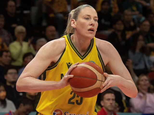 SYDNEY, AUSTRALIA - OCTOBER 01: Australia's Lauren Jackson looks to pass the ball during the 2022 FIBA Women's Basketball World Cup 3rd place match between Canada and Australia at Sydney Superdome, on October 1, 2022, in Sydney, Australia.