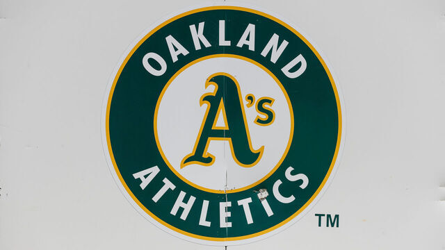 OAKLAND, CA - JULY 02: Detailed view of an Oakland Athletics logo during a regular season game against the Chicago White Sox on July 2, 2023, at RingCentral Coliseum in Oakland, CA.