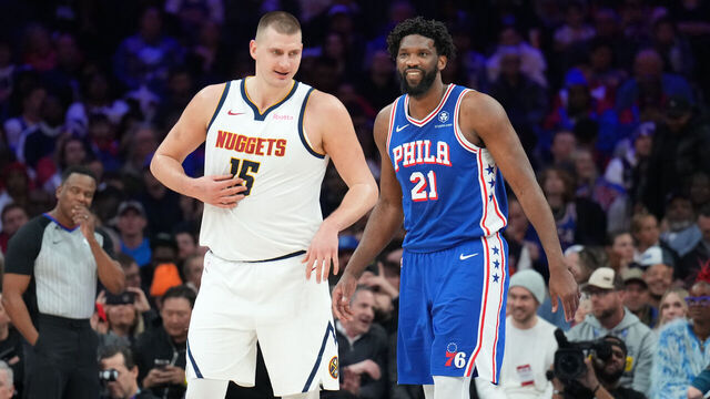 PHILADELPHIA, PA - JANUARY 16: Nikola Jokic #15 of the Denver Nuggets talks to Joel Embiid #21 of the Philadelphia 76ers during the game on January 16, 2023 at the Wells Fargo Center in Philadelphia, Pennsylvania NOTE TO USER: User expressly acknowledges and agrees that, by downloading and/or using this Photograph, user is consenting to the terms and conditions of the Getty Images License Agreement. Mandatory Copyright Notice: Copyright 2024 NBAE