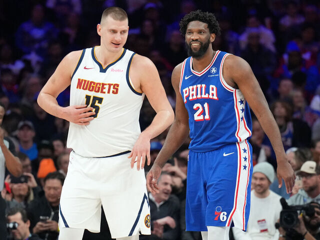 PHILADELPHIA, PA - JANUARY 16: Nikola Jokic #15 of the Denver Nuggets talks to Joel Embiid #21 of the Philadelphia 76ers during the game on January 16, 2023 at the Wells Fargo Center in Philadelphia, Pennsylvania NOTE TO USER: User expressly acknowledges and agrees that, by downloading and/or using this Photograph, user is consenting to the terms and conditions of the Getty Images License Agreement. Mandatory Copyright Notice: Copyright 2024 NBAE