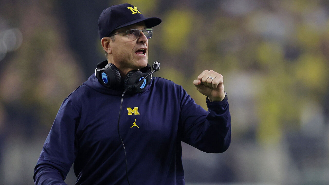 HOUSTON, TEXAS - JANUARY 08: Head coach Jim Harbaugh of the Michigan Wolverines reacts in the first quarter against the Washington Huskies during the 2024 CFP National Championship game at NRG Stadium on January 08, 2024 in Houston, Texas.