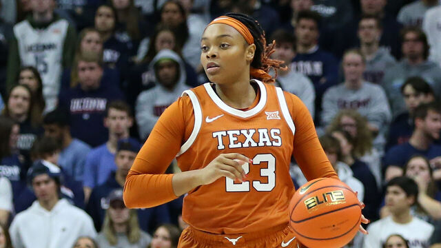 STORRS, CT - NOVEMBER 14: Texas Longhorns forward Aaliyah Moore (23) with the ball during a women's college basketball game between Texas Longhorns and UConn Huskies on November 14, 2022, at Harry A. Gampel Pavilion in Storrs, CT.