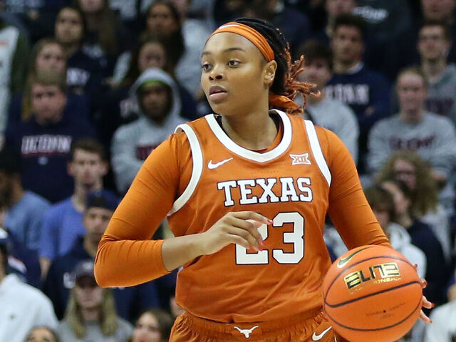 STORRS, CT - NOVEMBER 14: Texas Longhorns forward Aaliyah Moore (23) with the ball during a women's college basketball game between Texas Longhorns and UConn Huskies on November 14, 2022, at Harry A. Gampel Pavilion in Storrs, CT.