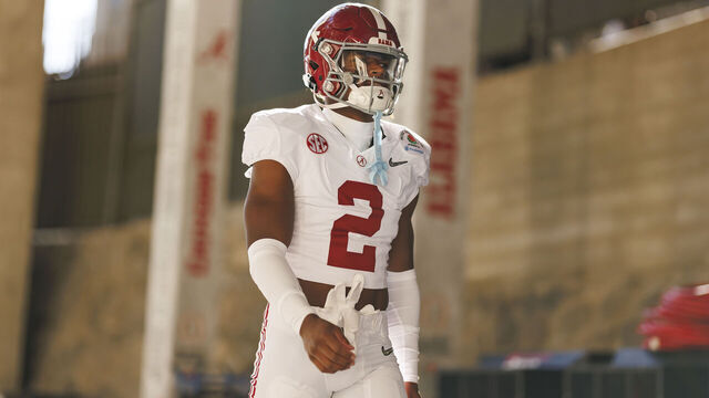 PASADENA, CALIFORNIA - JANUARY 01: Defensive back Caleb Downs #2 of the Alabama Crimson Tide walks to the field before the CFP Semifinal Rose Bowl Game against the Michigan Wolverines at Rose Bowl Stadium on January 1, 2024 in Pasadena, California.