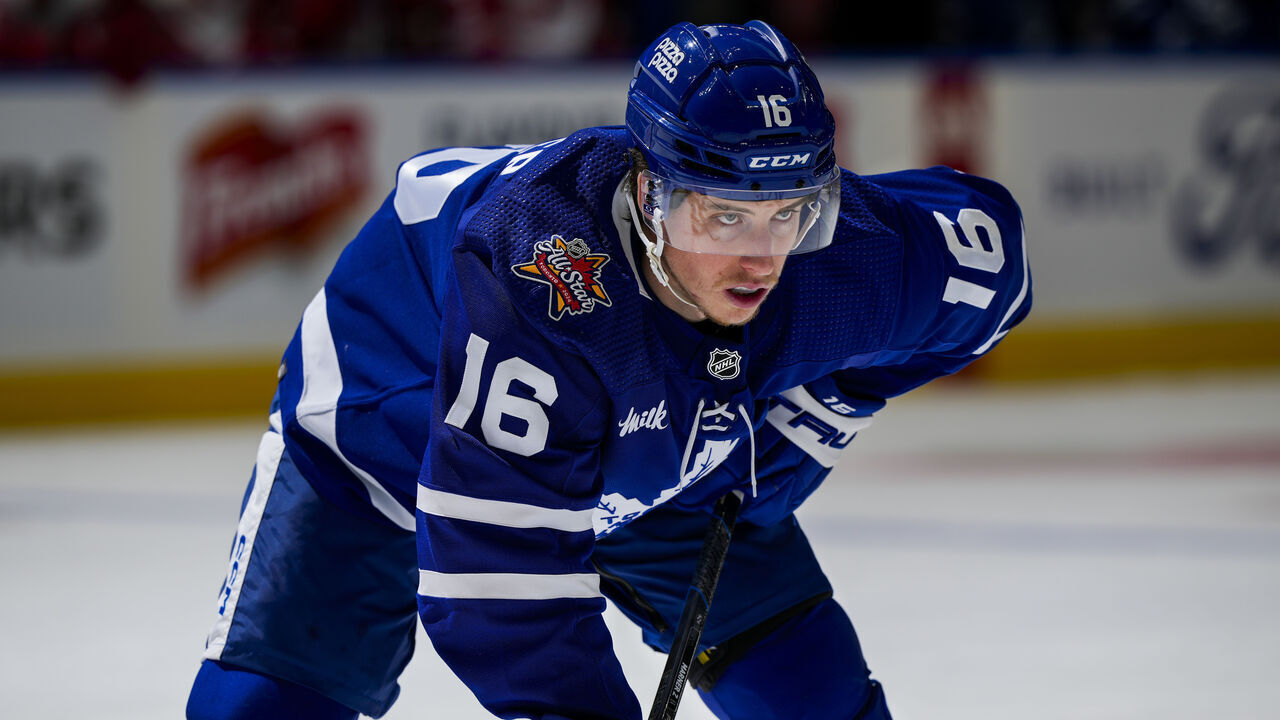 TORONTO, ON - JANUARY 14: Mitchell Marner #16 of the Toronto Maple Leafs looks on against the Detroit Red Wings during the first period at Scotiabank Arena on January 14, 2024 in Toronto, Ontario, Canada.