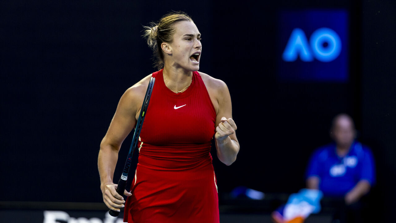 MELBOURNE, VIC - JANUARY 17: Aryna Sabalenka of Belarus celebrates during Round 2 of the 2024 Australian Open on January 17 2024, at Melbourne Park in Melbourne, Australia.